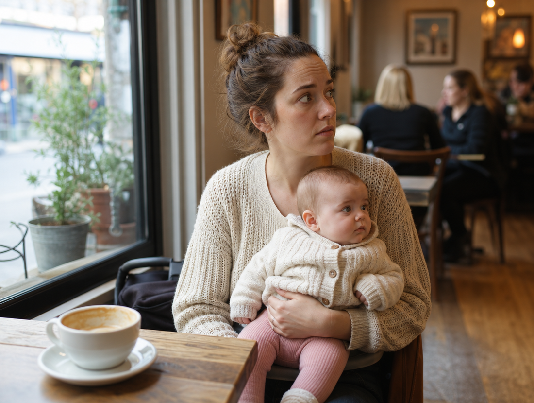 Mum in a cafe holding her baby, looking around for somewhere to change him